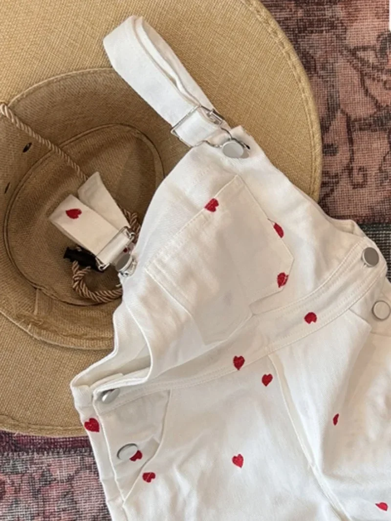 Korea Kids Jumpsuit for Girls Cute Red Heart Pattern Overalls Toddler Girl Kawaii Suspender Trousers Pants 80-130cm