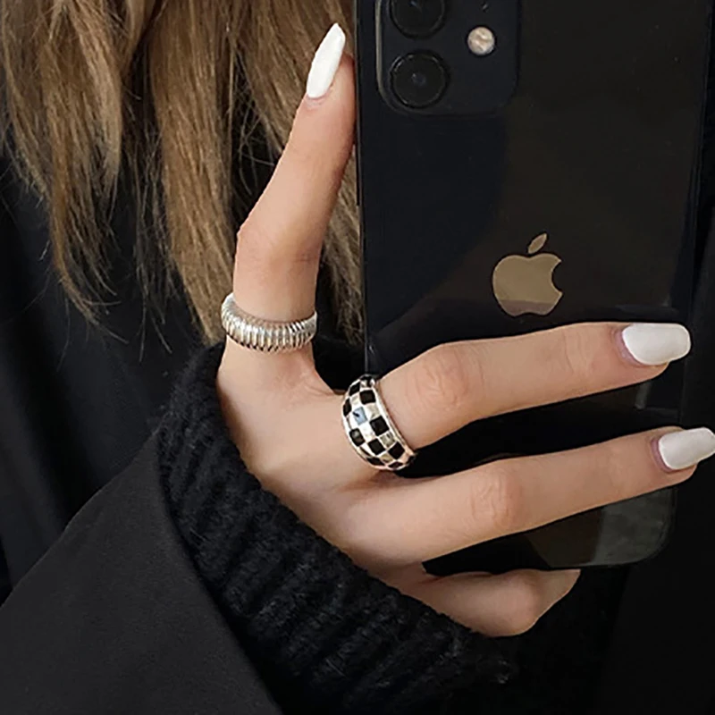 FOXANRY Minimalist Silver Color Couples Rings for Women Fashion Creative Black White Plaid Geometric Party Jewelry Gifti