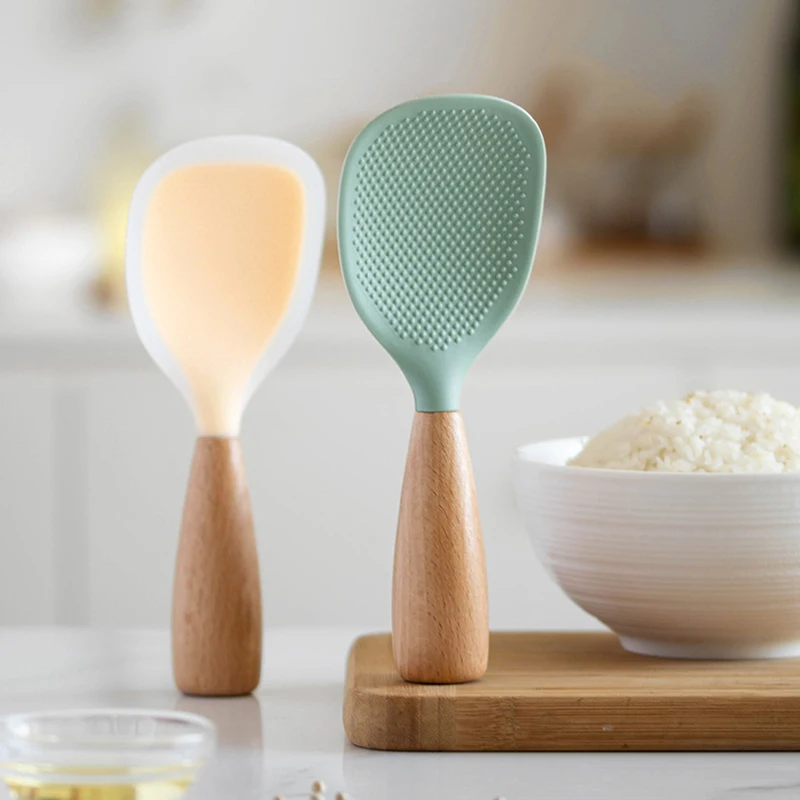 

Silicone Rice Scoop Wooden Handle Standing Rice Washing Ladle Non-stick Rice Strainer Spoon Rice Cooker Spoon
