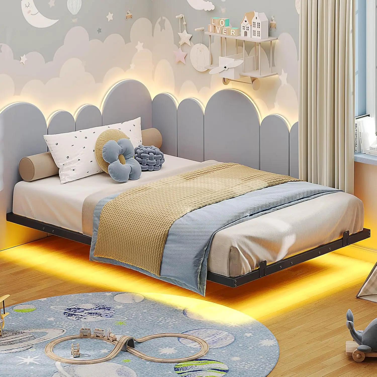 Hasuit Metal Floating Bed Frame Twin Size with LED Lights for Kids No Box Spring Needed Easy to Assemble, Customized