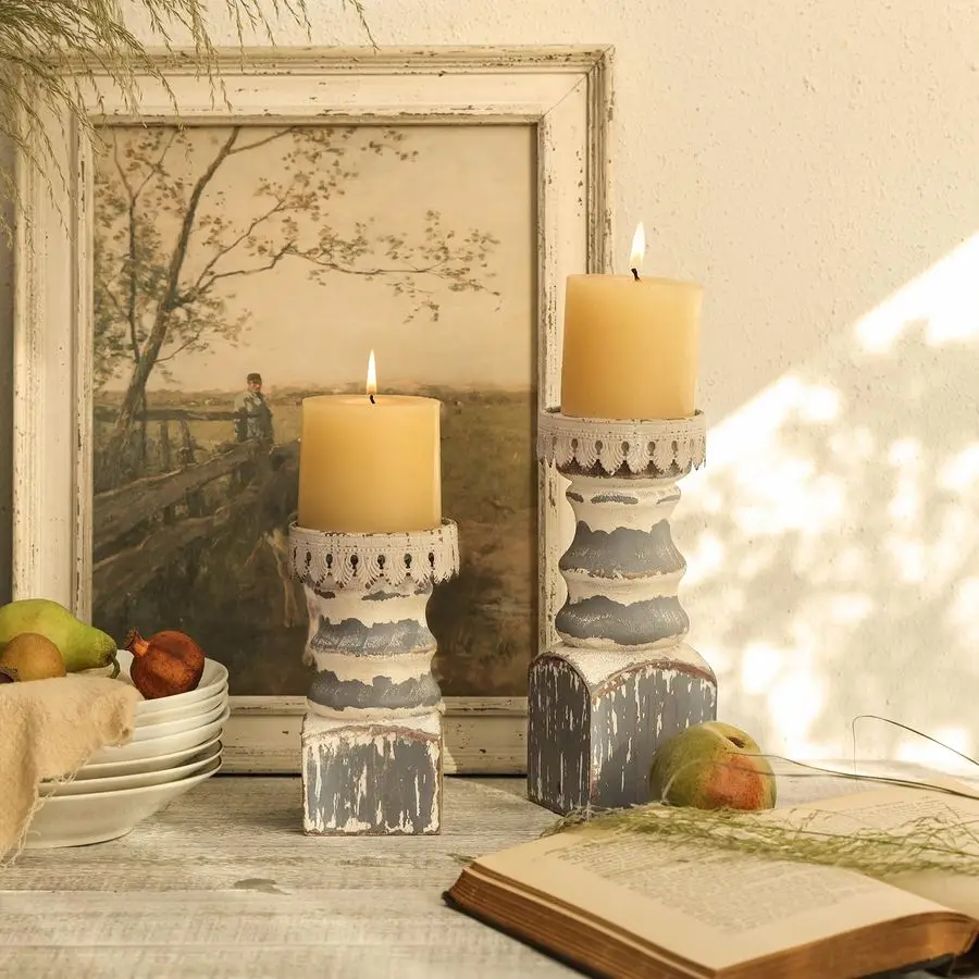 

Набор из 2 подсвечников-колонн в стиле фермерского дома, деревянные декоративные подсвечники на пьедестале, украшения для каминной полки