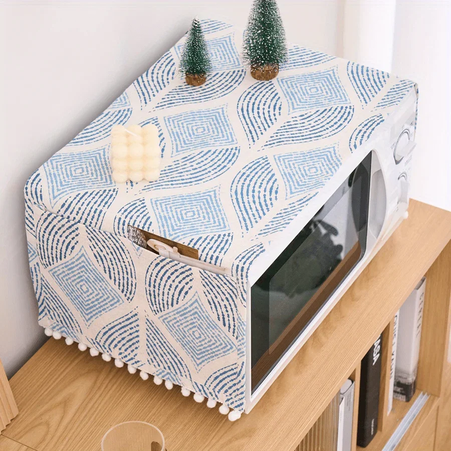 1pc Ins Style Line Leaf Microwave Oven Cover - Rectangular Fabric Tablecloth with 2 Pockets for Nightstand Decoration