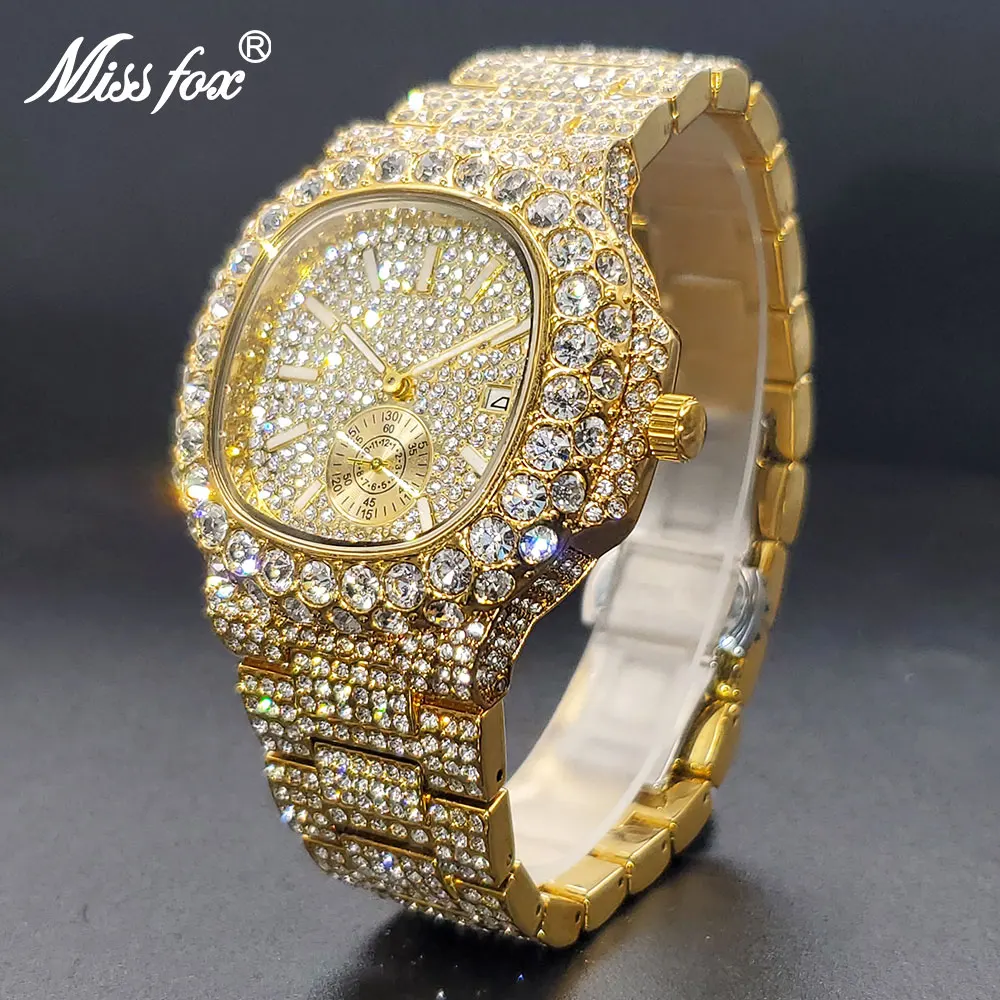 Gold Men's Watch Luxury Big AAA Cuban Zircon Hip Hop Stylish Quartz Watches For Male Square Double Dial ساعات يد مقاومة للماء