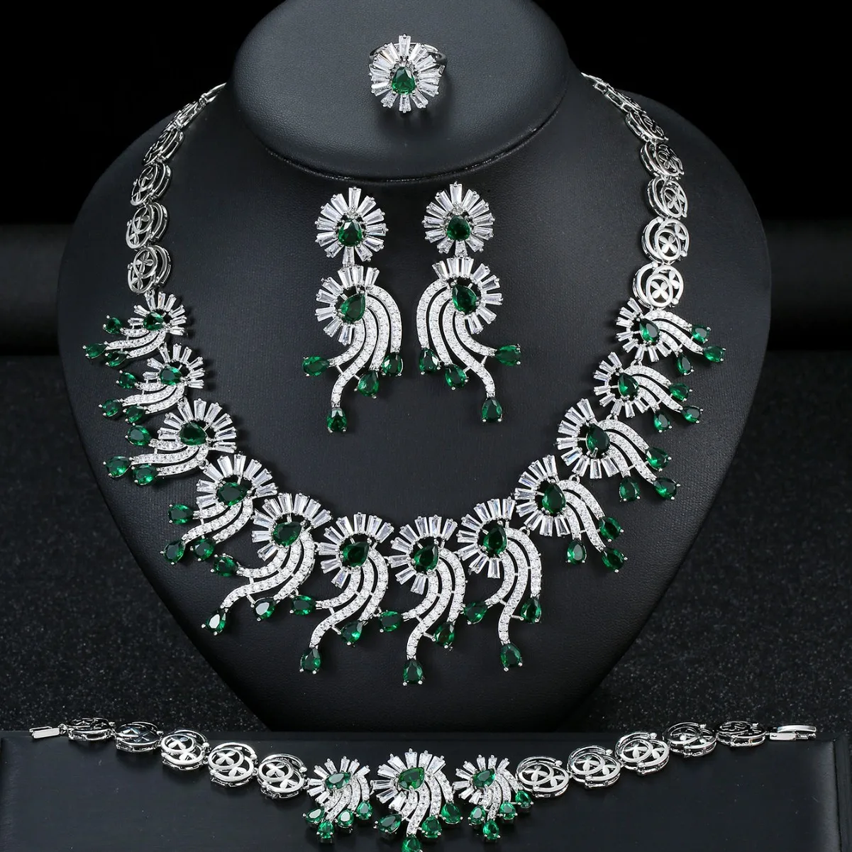 classy jewelry set 4pcs necklace earrings ring bracelet shiny zirconia green blue jewelry wedding dinner party anniversary gift
