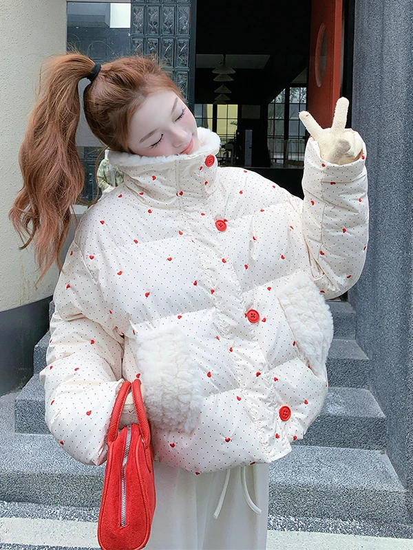 

Adorable Anti-Aging Polka Dot Heart down Jaet Women's ort Sle Winter Warm Thi Outerwear Faionable White Du down