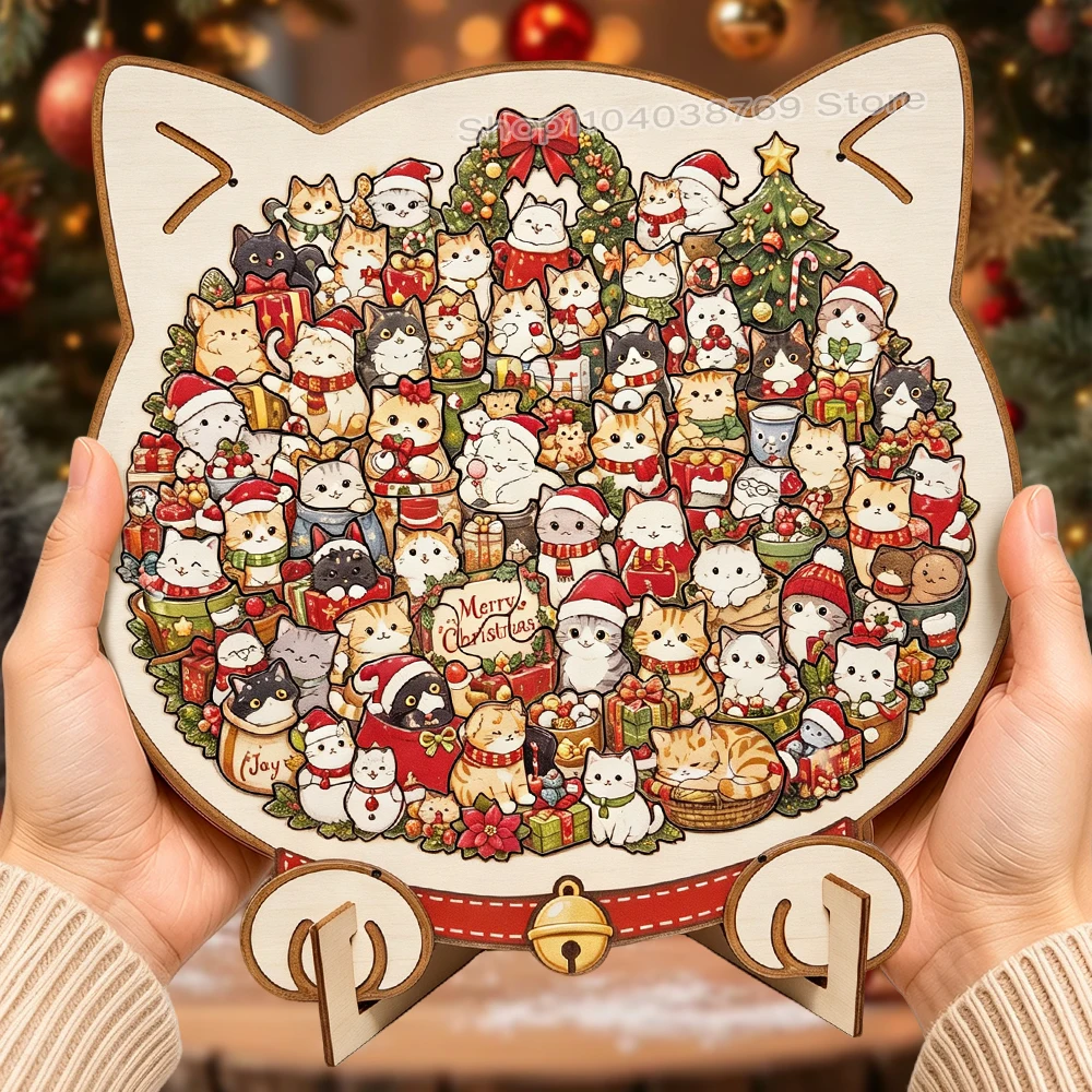 Christmas Animal Shaped Wooden Jigsaw Puzzle with Stand Cute Cat Dog Deer Stress Relief Puzzles Xmas Party Decor Ornament Gift