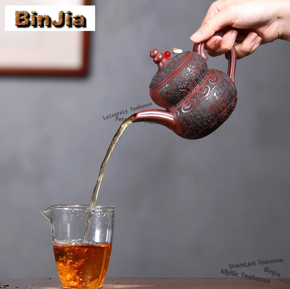 340ml Antique Yixing Purple Clay Teapots Handmade Hundred Blessings Gourd Pot Raw Ore Dragon Blood Sand Mud Kettle Zisha Tea Set