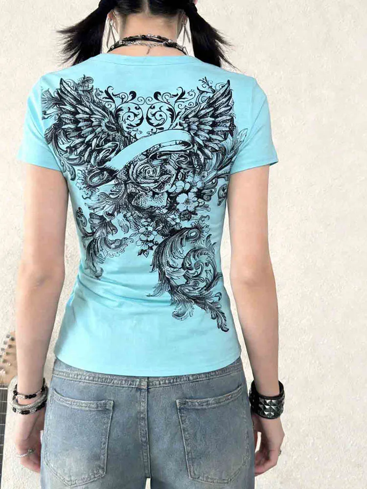 Y2k Aesthetic Vintage Flower Wing Printing T-Shirt Grunge Gothic Women Crop Top Summer Slim Harajuku V-neck Tee Femme Streetwear