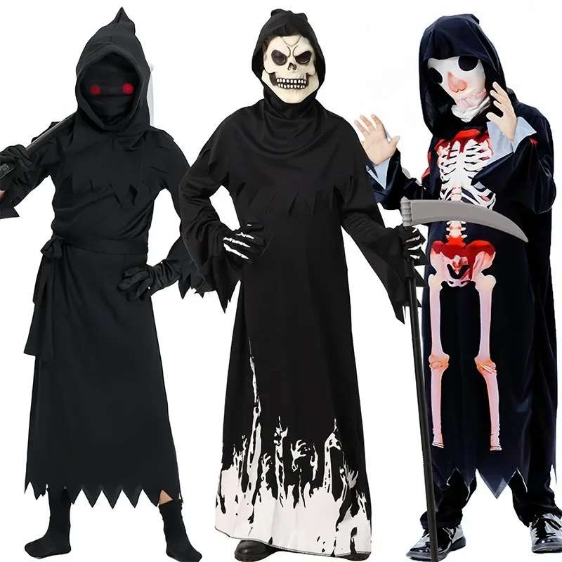 

Halloween Christmas Boys Girls Glow-in-the-dark Grim Reaper Scary Skeleton Costume Cosplay Horror Dress Up Ghost Robe Outfits