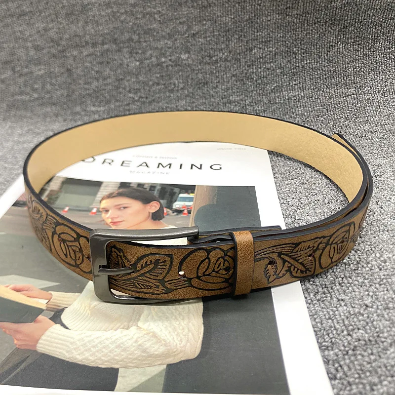 Needle buckle retro simple leaf and branch PU embossed belt