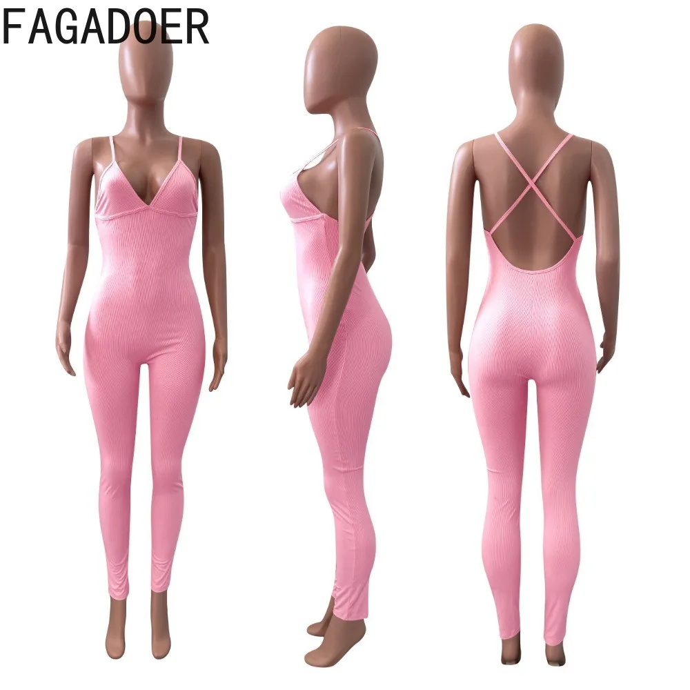 FAGADOER 여성용 캐주얼 단색 리버 백리스 바디콘 점프수트, 딥 V 얇은 스트랩, 민소매 슬림 플레이수트, 여성 오버롤