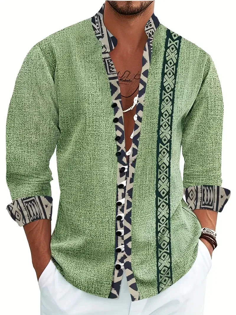 New Men's Breathable Linen Fabric 3D Parrot Printed Shirt Men's Fashion Long Sleeve Shirt Casual Loose Open Shirt Vintage Top