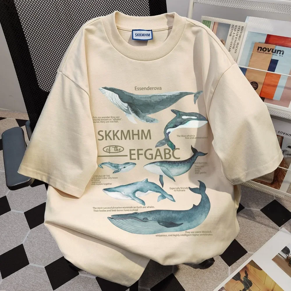 Harajuku 100% Pure Cotton Oversized T Shirts Men Women Oversized Summer Tops Cute Whales Pattern T-shirt Japanese Kawaii Clothes