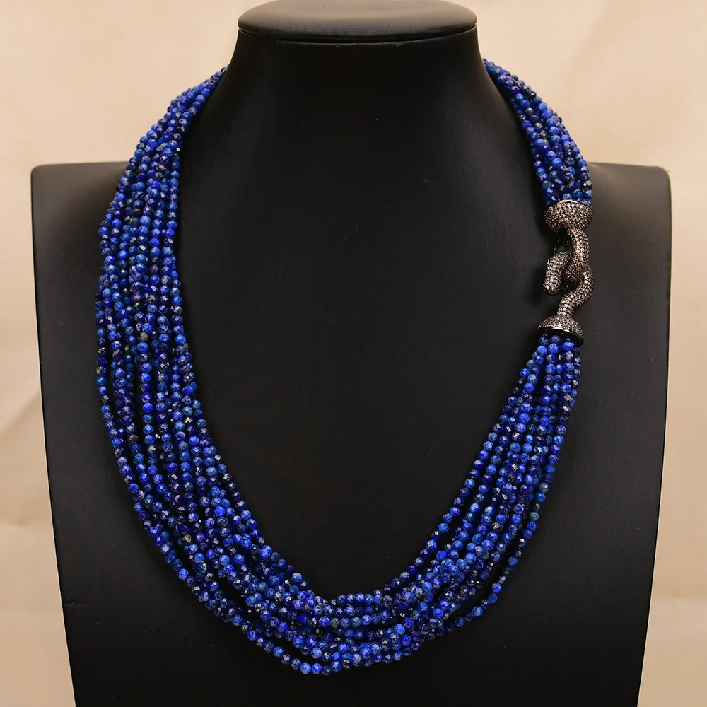 G-G Multi 14 Rows Natural Blue Lapis Lazuli Faceted Round Beads Necklace Cz Hook Clasp 19