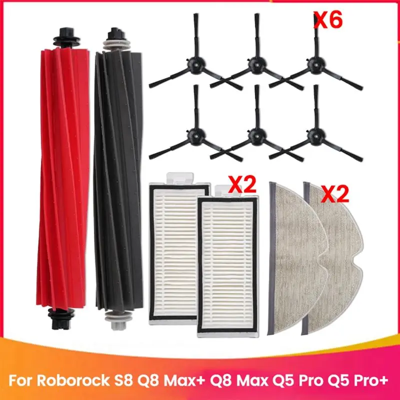

ABGE-12PCS For Roborock Q8 Max+/Q8 Max/Q5 Pro/Q5 Pro+ Robot Vacuum Replacement Parts Roller Side Brushes Filters Mop Pads