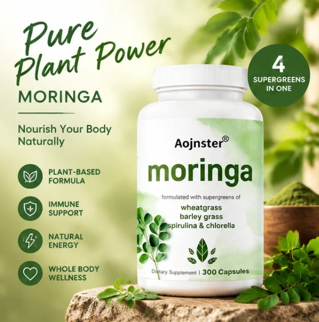 Moringa Capsules with Wheatgrass, Barley Grass, Spirulina & Chlorella, 300 Count, Super Greens Herbal Dietary Supplement