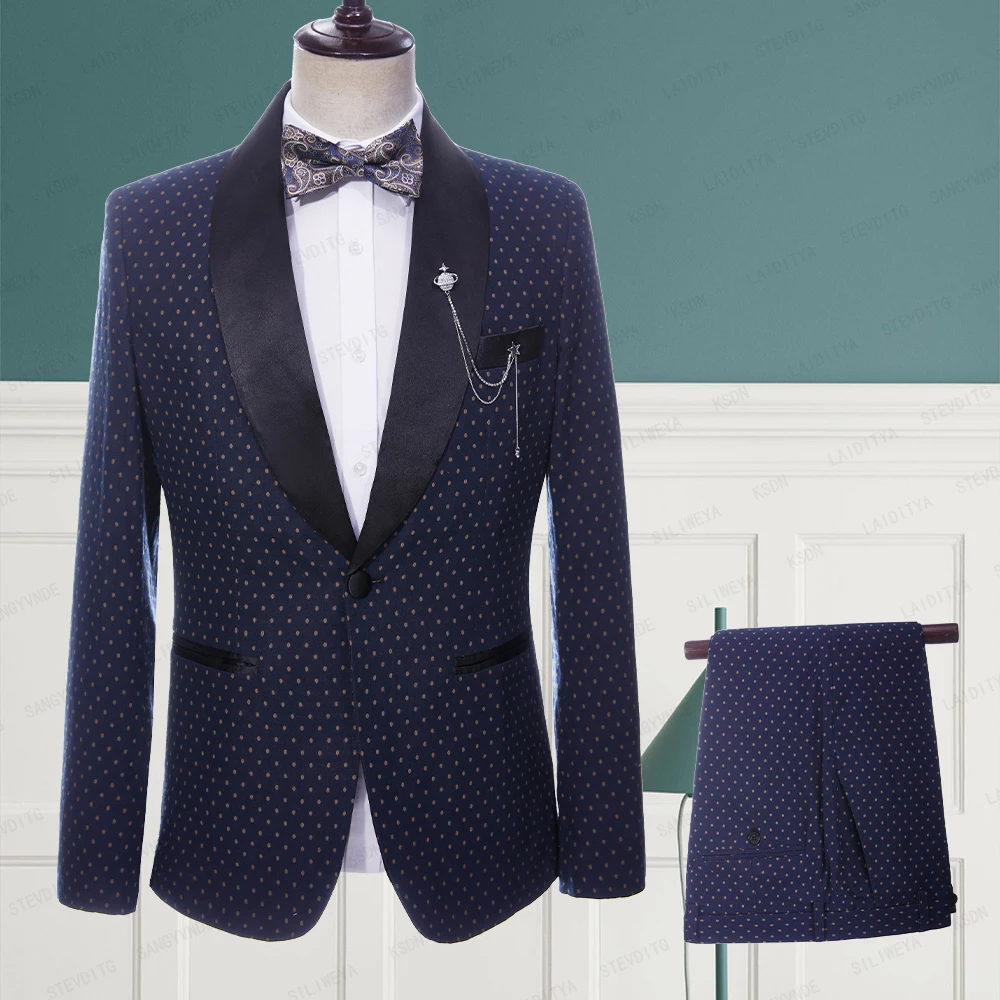 

2023 Men Suits Blue Linen Fashion Boutique Khaki Dots Black Satin Lapel Casual Business Wedding Tuxedos 2 Pcs Set Jacket Pants