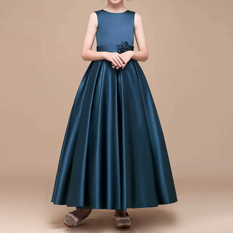 

French Simple Long Draped Junior Bridesmaid Dress O-neck Sleeveless Slim Fit Ceremonial Vestidos Temperament Floral Belt Gown