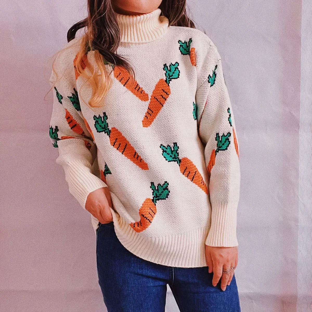 Women carrot sweater pullovers womens clothing Winter Autumn Turtle Neck Print Knitted Loose Tops one size knitwear jerseys