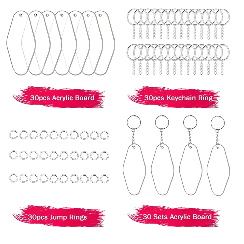 30 Sets Acrylic Blank Key Tag Kit Including 30 Motel Hotel Shape Acrylic Sheets, 30 Keychain Rings, and 30 Jump Rings