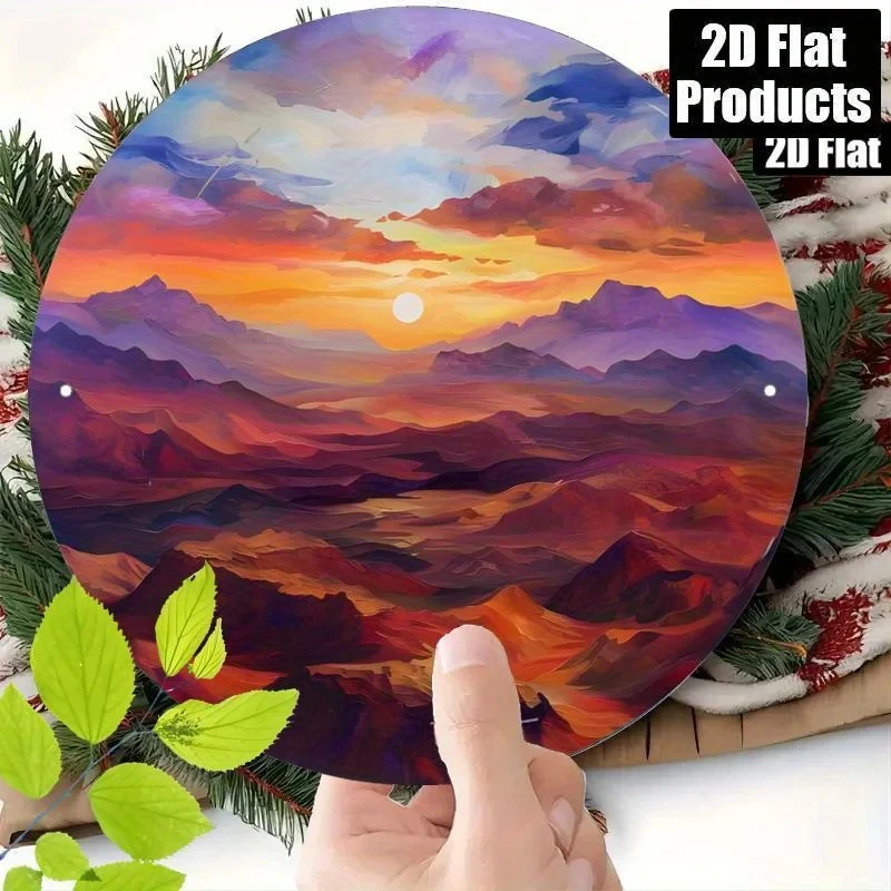 1 Piece of Vintage Round Metal Wall Art - Sunset Mountain Scene Painting with Vibrant Orange, Purple, Blue, and Yellow Tones, 20X20Cm/7