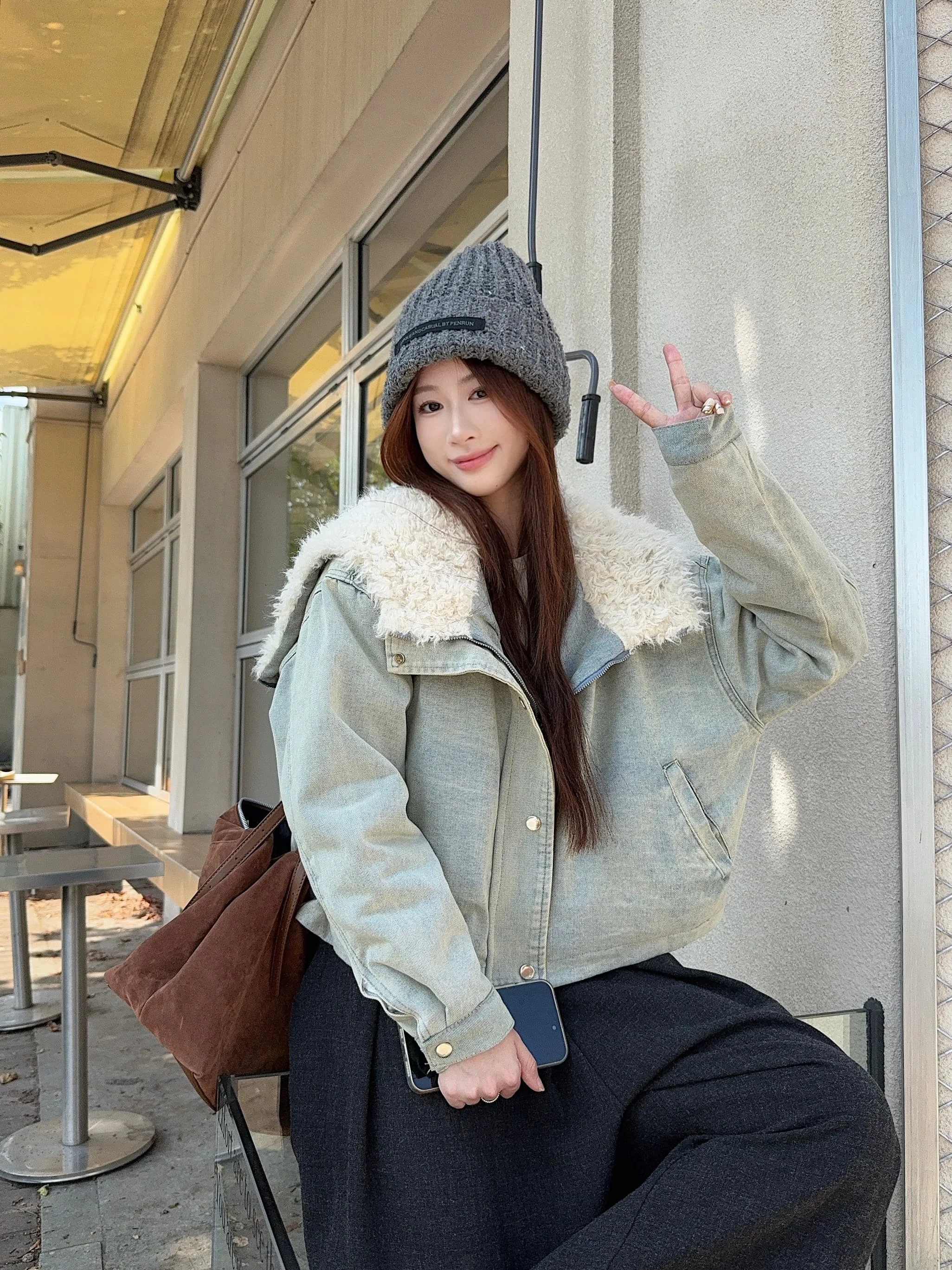 

Denim Coat Hoody Fur Plush Womens Autumn Standneck Quilted Minimalist Urban Social Gathering Buttoned Patchwork Sashes Velvet OL