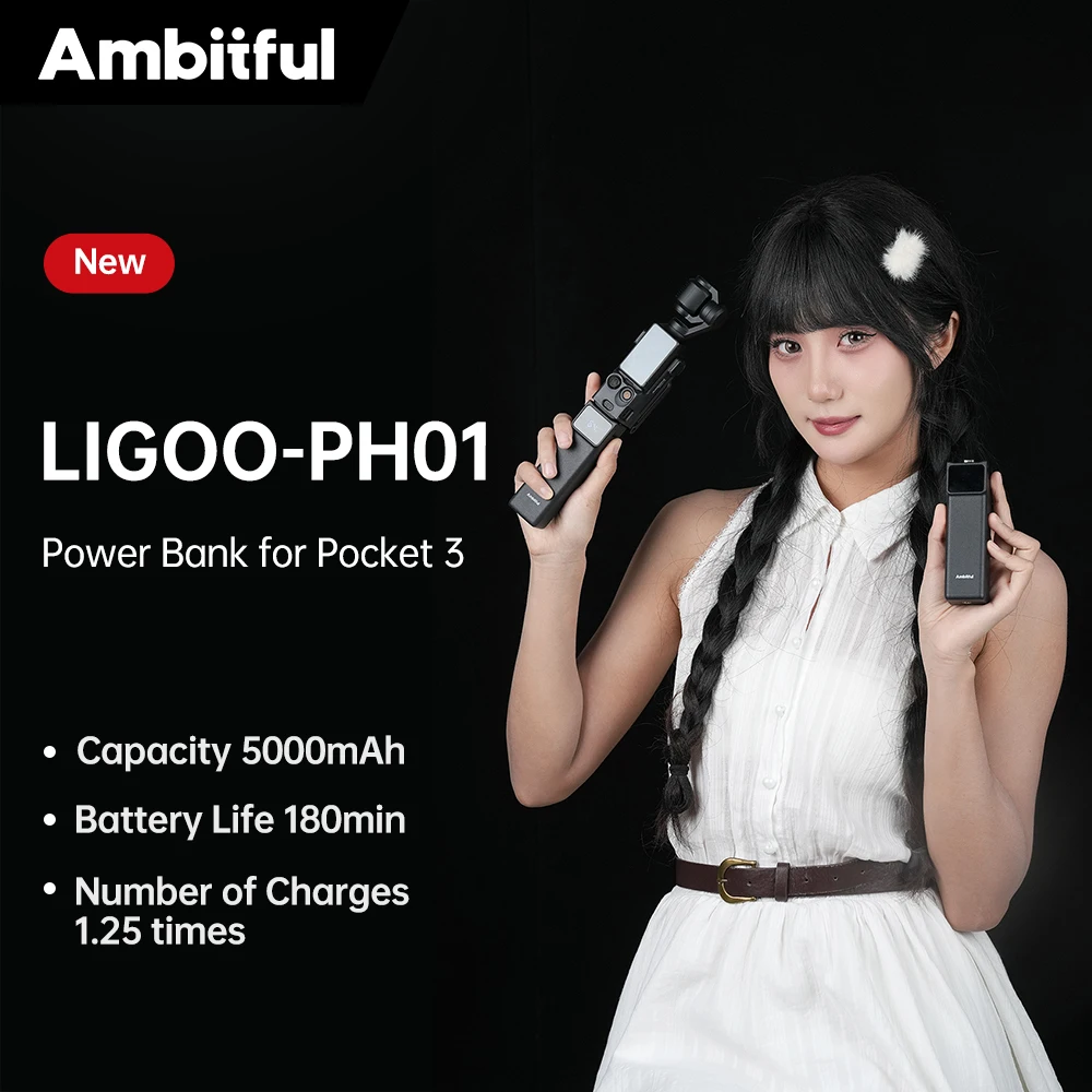 Ambitful PH01 compatible avec DJI Pocket 4 Pro/3/4 Pro, port de charge de batterie, batterie externe pour caméra de poche et poignée d'extension