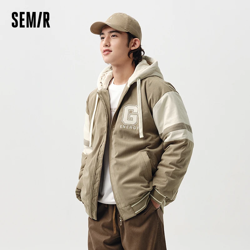 Semir Down Jacket Men Spring Trendy Letter Embroidered Loose Hooded Jacket Fashion Color Block American Retro Top