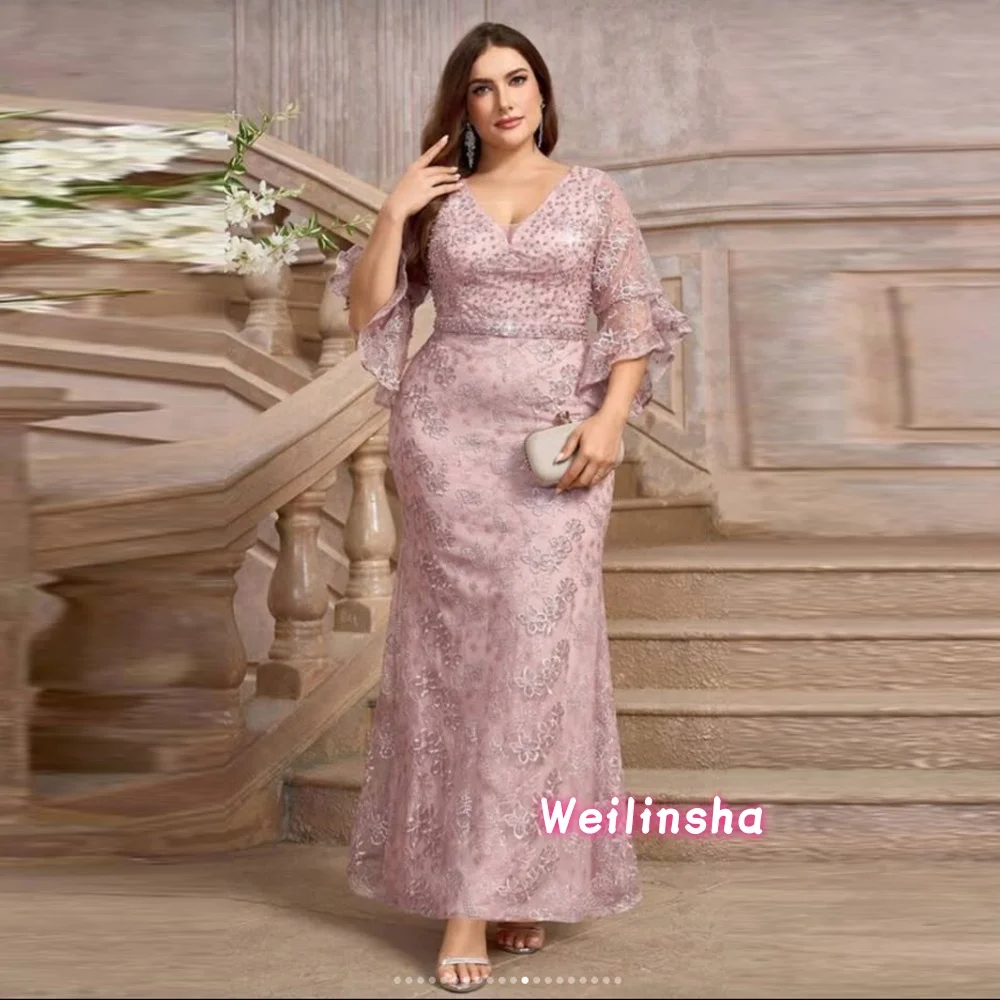 Elegant Flare Sleeve Mother of the Bridal Dress  Applique Lace Beads Mermaid Ankle Length Wedding  Dress Customized Plus Size