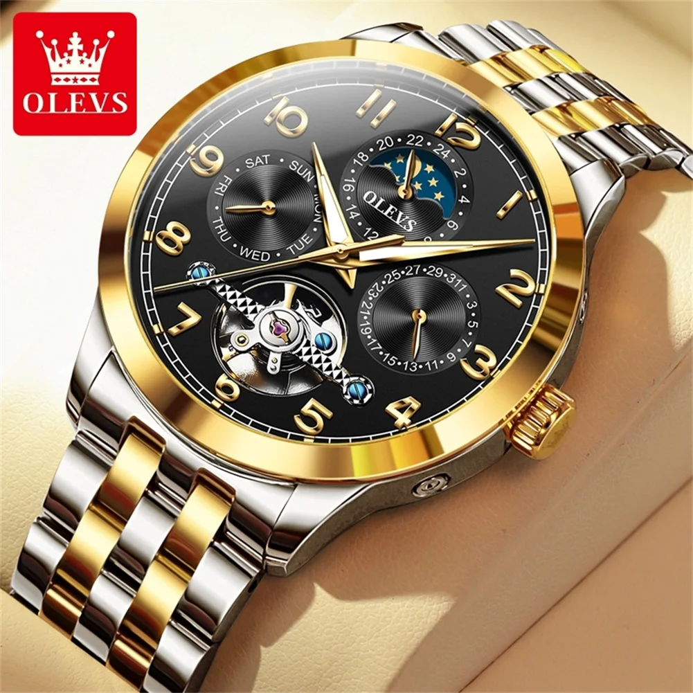 

OLEVS 7018 Original Watches for Men Waterproof Moon Phase Hollow Out Flywheel Digital Scale Top Automatic Mechanical Wristwatch