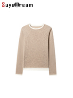 SuyaDream, Women Winter Pullovers, 32.4%Wool, Round Collar, Plain Knit Sweaters, 2024 Fall Warm Top, Khaki, Black