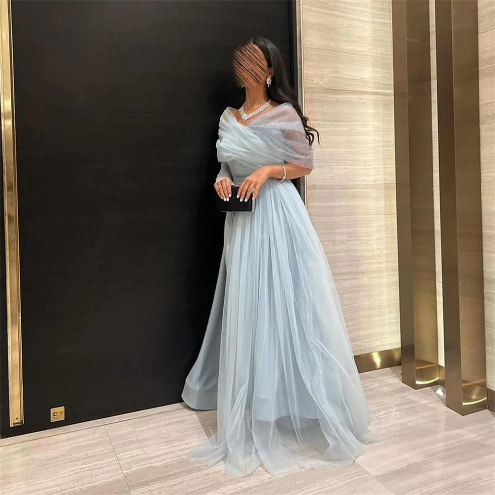 ROYET Strapless Pleat Short Sleeve A Line Evening Dress For Woman Floor Length Sweep Train Simple Formal Prom Gown New 2024