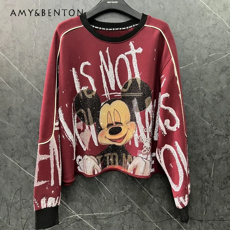 

2024 Autumn New Unique Design Heavy Industry Cartoon Diamond Drills Crew Neck Sweatshirt Women's Loose Fashion Casual Style Top