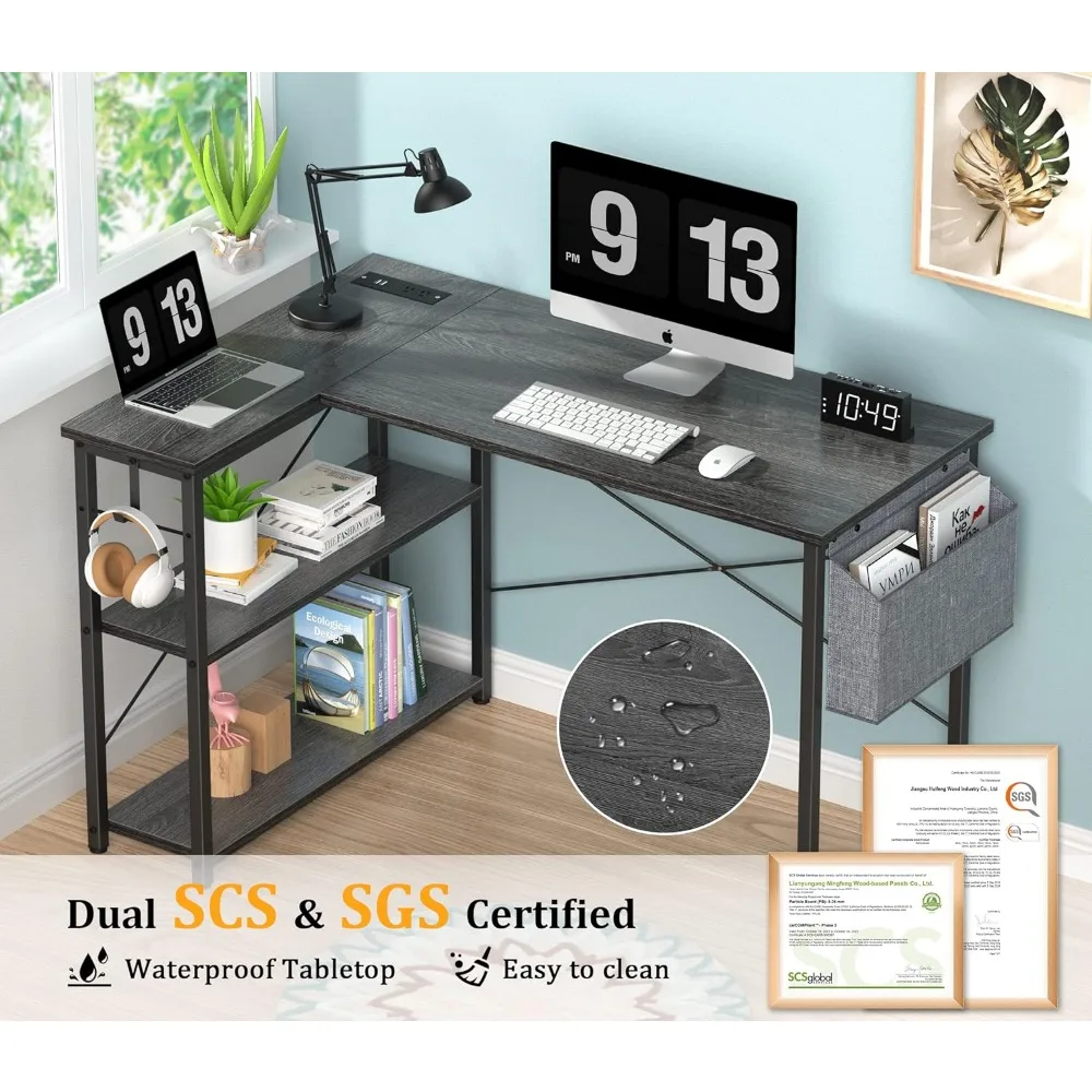 L Shaped Desk with Outlets & USB Ports, Reversible 47 Inch Office Desk, Corner Desk for Small Space, Home Office Desk