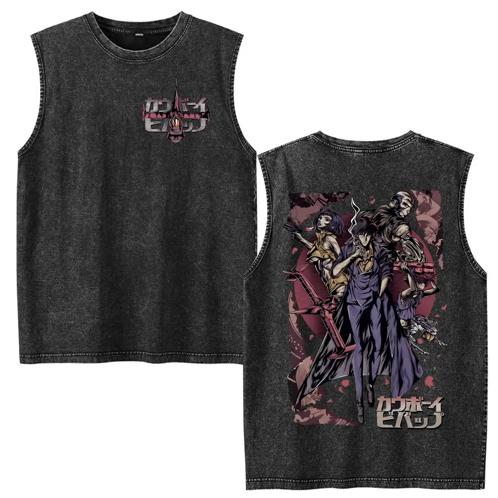 Cowboy Bebop Spike Spiegel Faye Valentine Anime Washed Tank Tops T Shirts Men Women Clothing Oversized Sleeveless Vest T-shirt