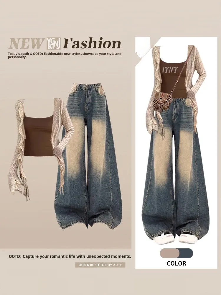 

Retro Wooden Collar irt Strap Denim Jeans Thin Tee-piece Women's Faion Set Autumn Clothing Matching Full Set
