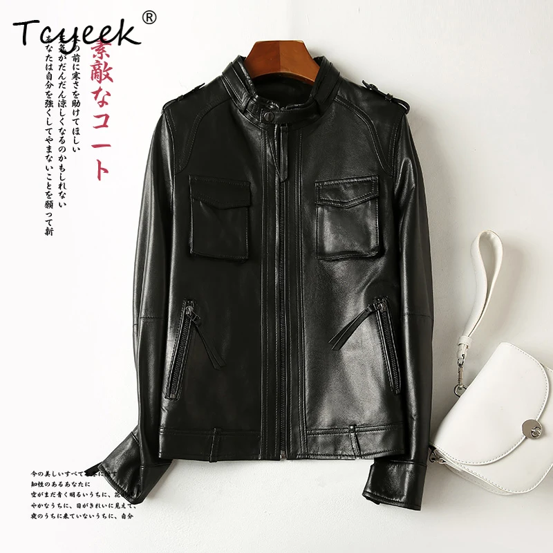 Tcyeek Skórzana Kurtka Damska ze Skóry Owczej na Wiosnę i Jesień ze Stójką, Krótka, Wyszczuplająca, z Prawdziwej Skóry, Kurtka Skórzana Damska