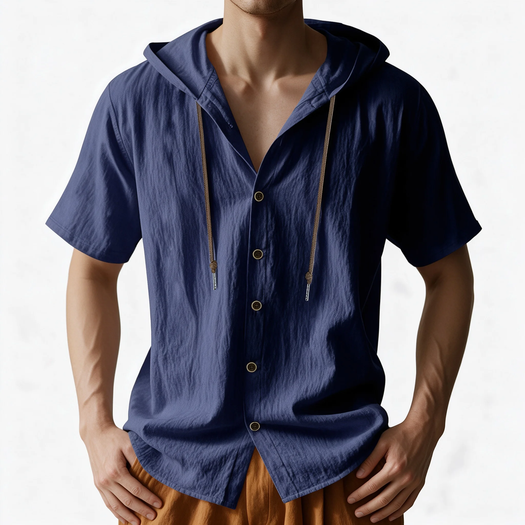 Mens Casual Hooded Shirt Short Sleeve V Neck Button DownDrawstring Hoodie Summer Beach Holiday Streetwear Loose Top