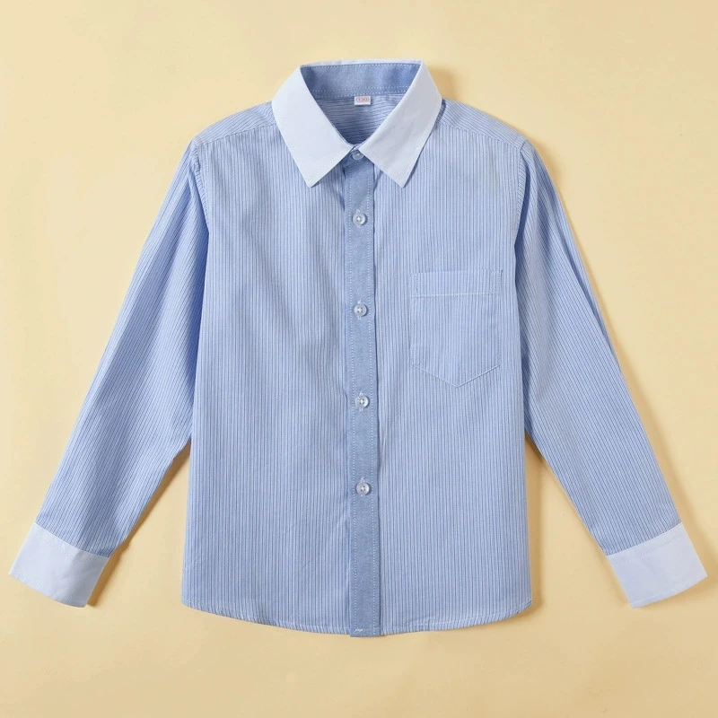 Boys' Long Sleeve Shirt Blue Striped Cotton Turn-down Collar Shirt for Kids School Uniform & Performance Wear Girls Tops