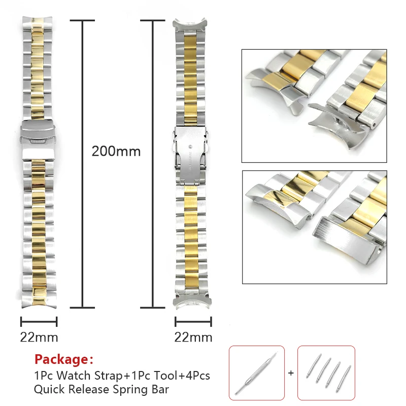 سوار المحار من الفولاذ المقاوم للصدأ ، 22 ، وصلات صلبة ، وصلات نهاية منحنية ، رباط ذو لونين ، سوار ساعة ذهبي وفضي لـ SKX007 ، SRPD