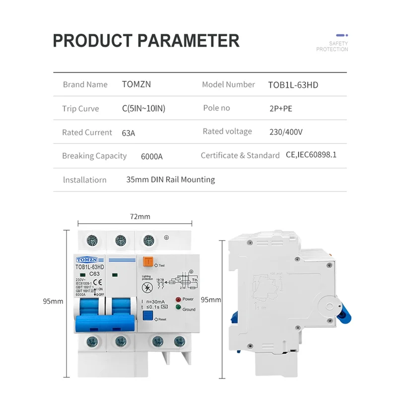 RIRI TOMZN Residual Current Circuit Breaker สวิตช์หลักพร้อมตัวป้องกันไฟกระชาก RCBO MCB พร้อม Lightning-Protection SPD 63A