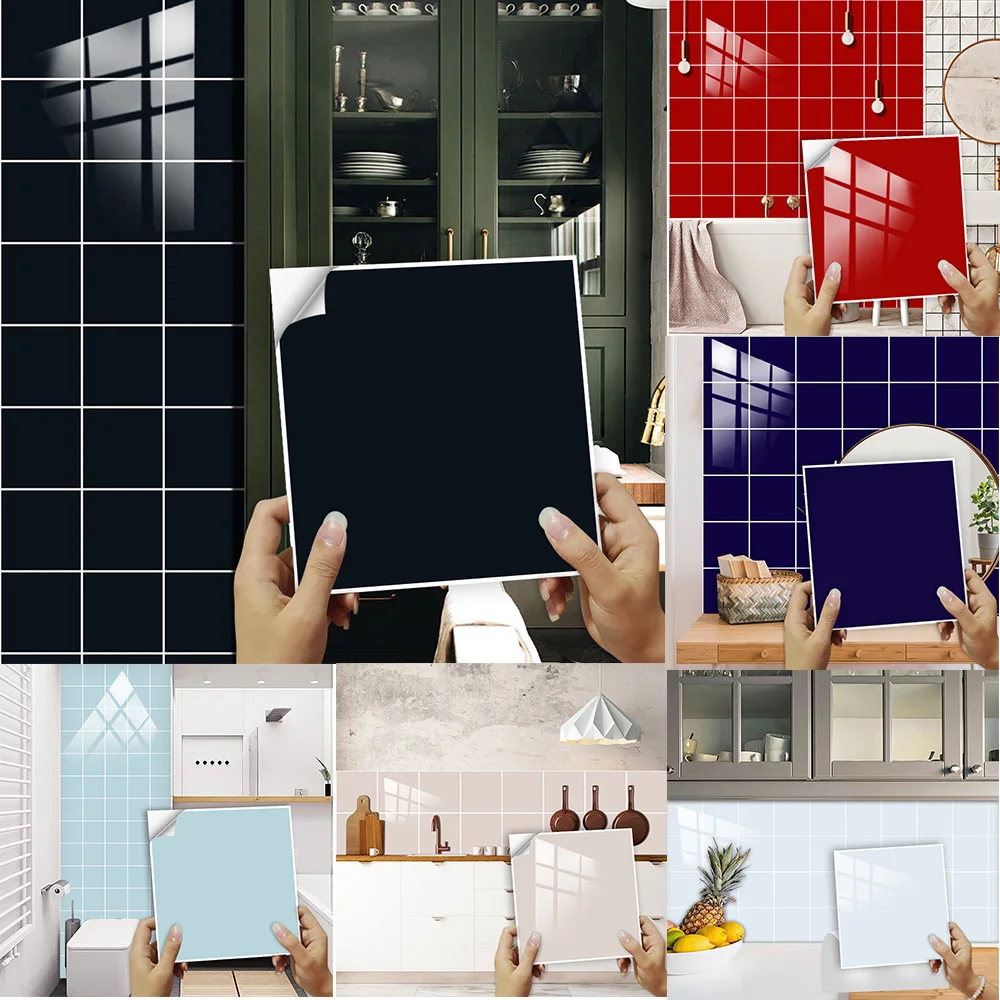 10szt Solid Color Hard Tile Wall Stickers Home Decoration Kitchen Bathroom Floor Art Mural Waterpoof Peel & Stick PVC Wallpaper