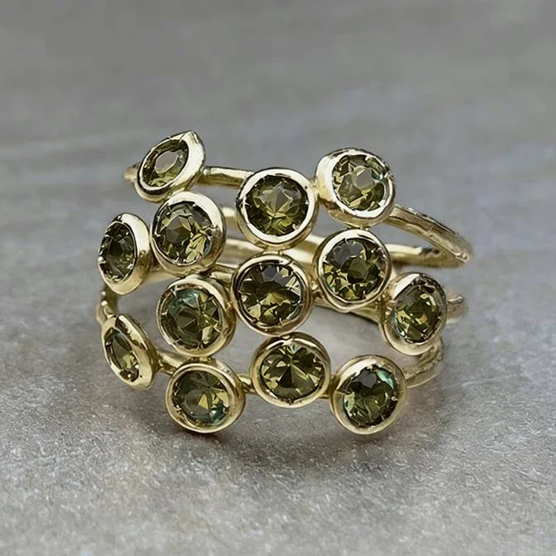 Huitan Full Round Olive Green Cubic Zirconia Women Ring Gold Color Multi-layer Design Luxury Party Novel Statement Lady Jewelry