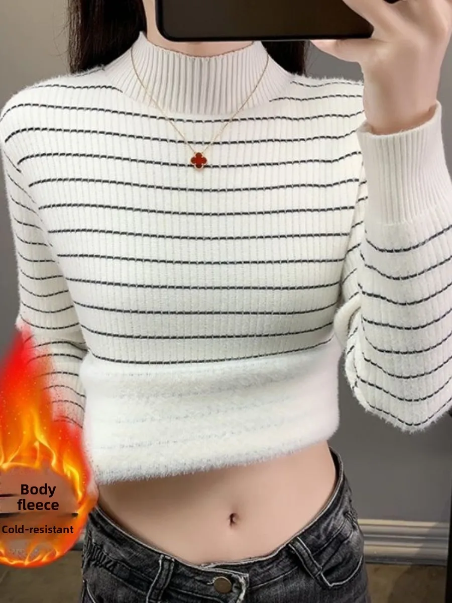 sueter-de-forro-polar-grueso-a-rayas-con-cuello-alto-para-mujer-conjunto-de-dos-piezas-de-manga-larga-con-bordado-camiseta