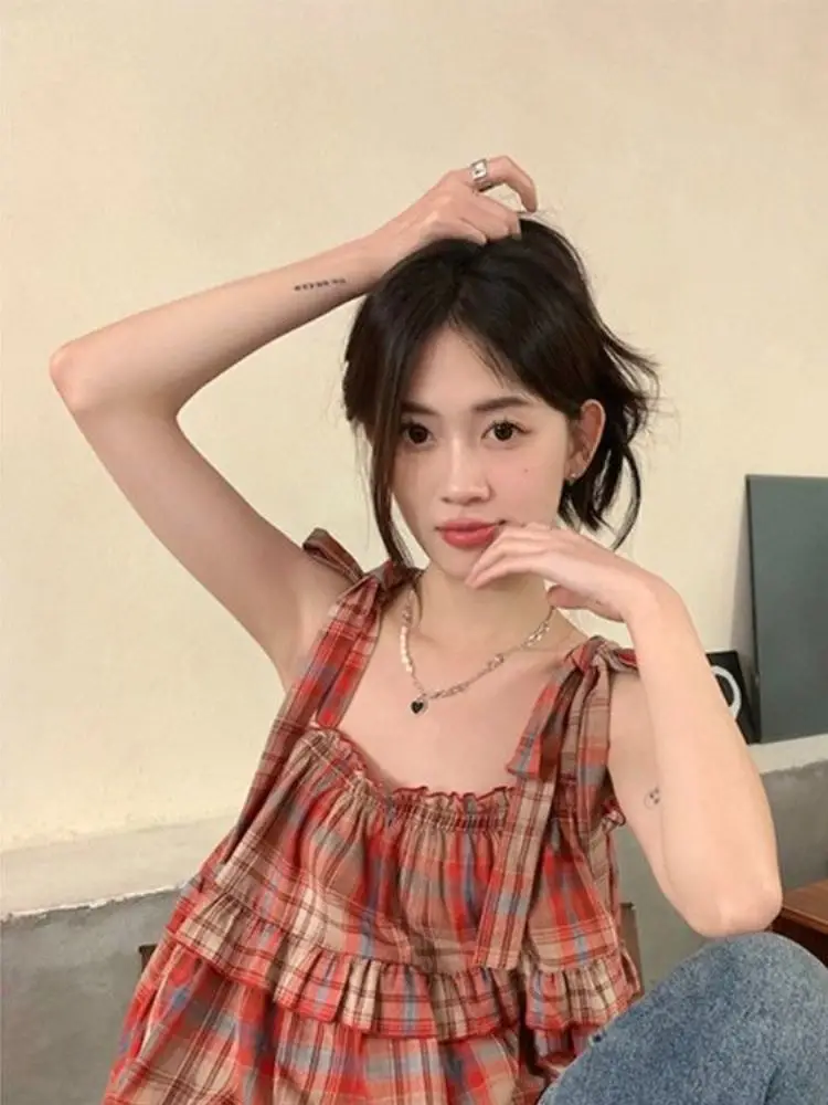 

Sweet Sle Plaid Doll irt жилет с ремешками в стиле ретро, одежда для девочек Cool Fre, футболка с квадратным воротником и шнурком для женщин