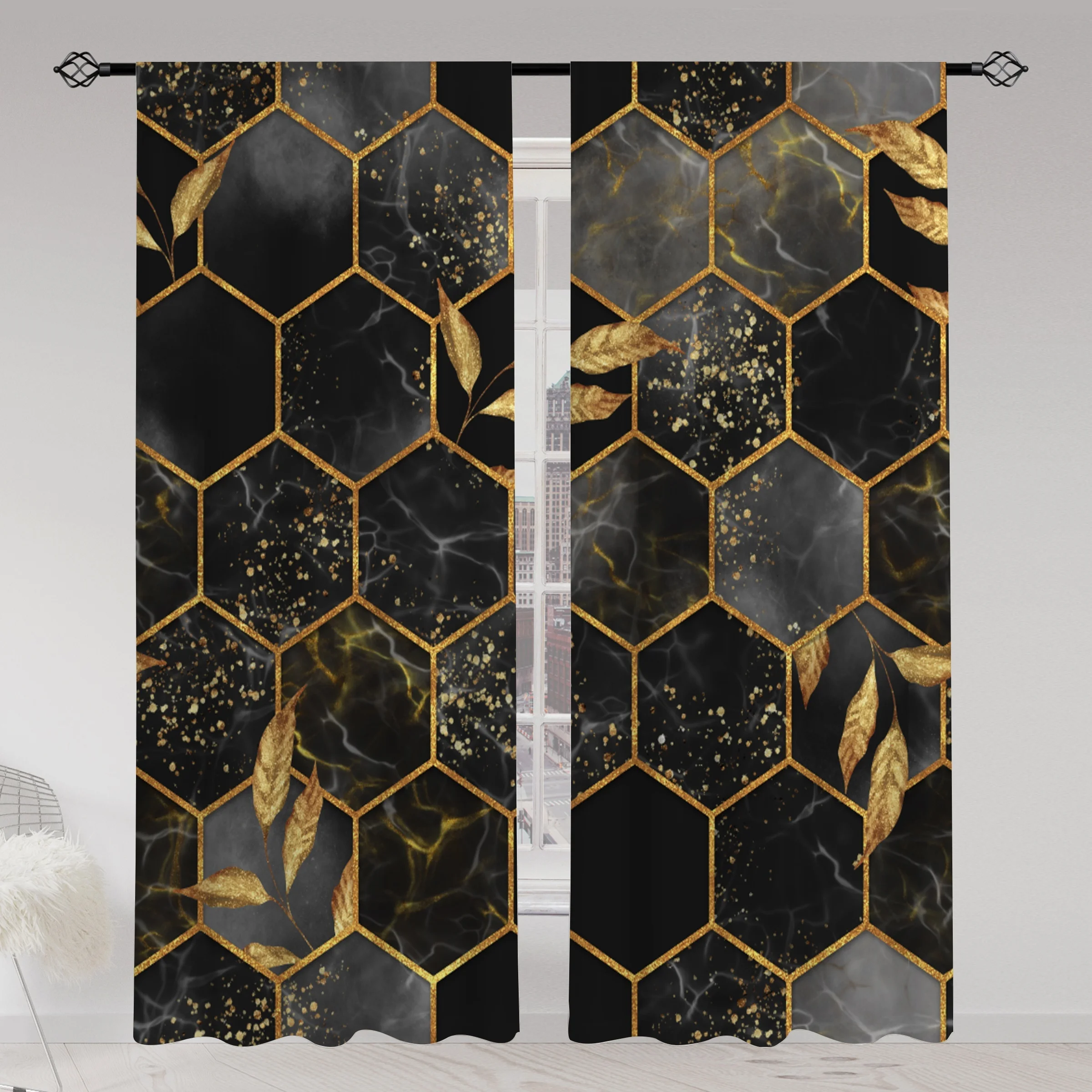 Luxurious Black Gold Curtains Drapes Modern Geometric Hexagon Abstract Panel Window Curtain Home Decor