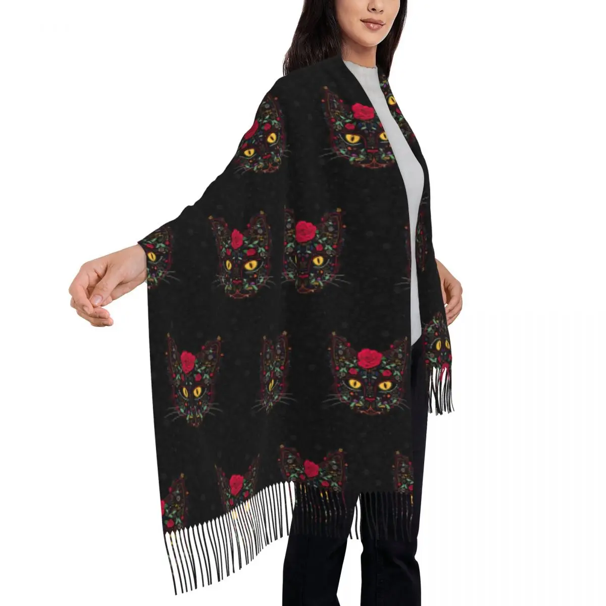 Customized Printed Day Of The Dead Kitten Cat Sugar Skull Scarf  Winter Fall Scarves Mexican Halloween Floral Shawl Wrap