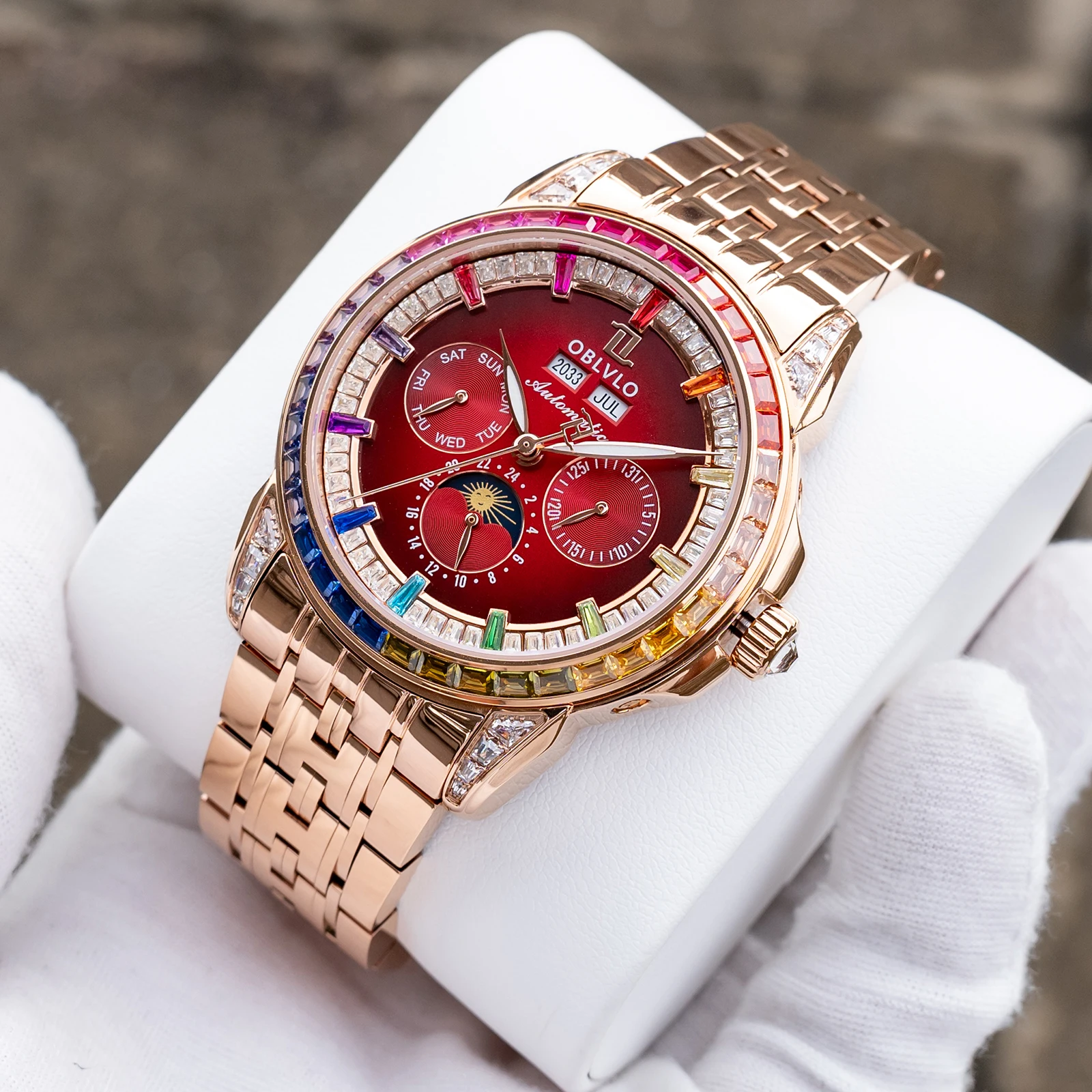 Reloj Mecánico Clásico para Hombre OBLVLO, Brazalete de Oro Rosa, Fase Lunar, Calendario, Visualización de 24 Horas, Detalles de Diamantes Coloridos, GCM-MUT