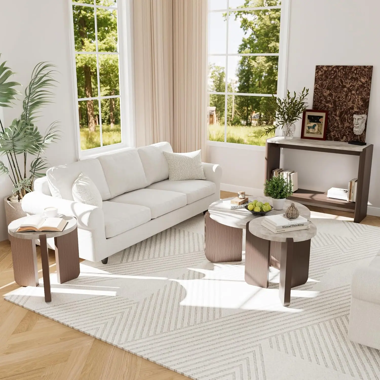 

Coffee Table & 2 Side Tables + Console Table Set, Faux Marble & Stone Grain Tops, Walnut & Brown Wood Legs,Modern Living Room