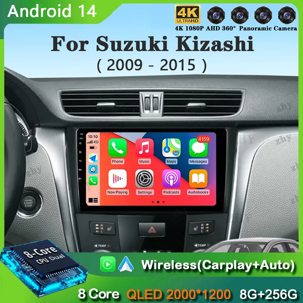 

4G WiFi Android 14 QLED экран для Suzuki Kizashi 2009-2015 Автомобильный радиоприемник GPS-навигация Головное устройство Mirror Link SWC 360 Камера DVD